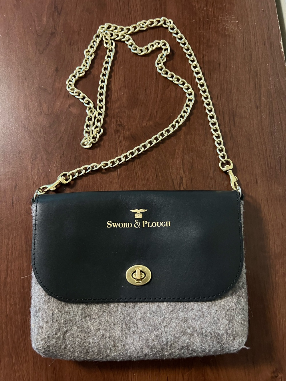 Black Leather Crossbody with Gold Chain
